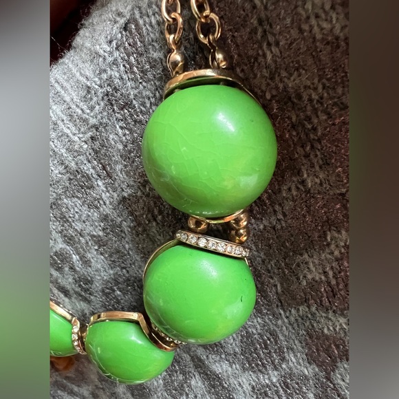 Vintage Art Deco Green cabochon Bubbles Necklace rhinestone spacer double golden - Picture 6 of 10